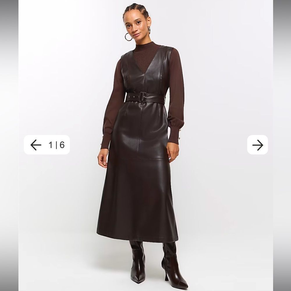 NWT RIVER ISLAND Brown Faux Leather Belted‎ Swing Midi Dress SIZD US 4 XS